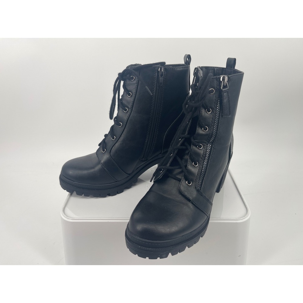 Soda Combat Boots Ankle Lug Sole Block Heel Womens Size 8 Black Dual Zip Lace Up